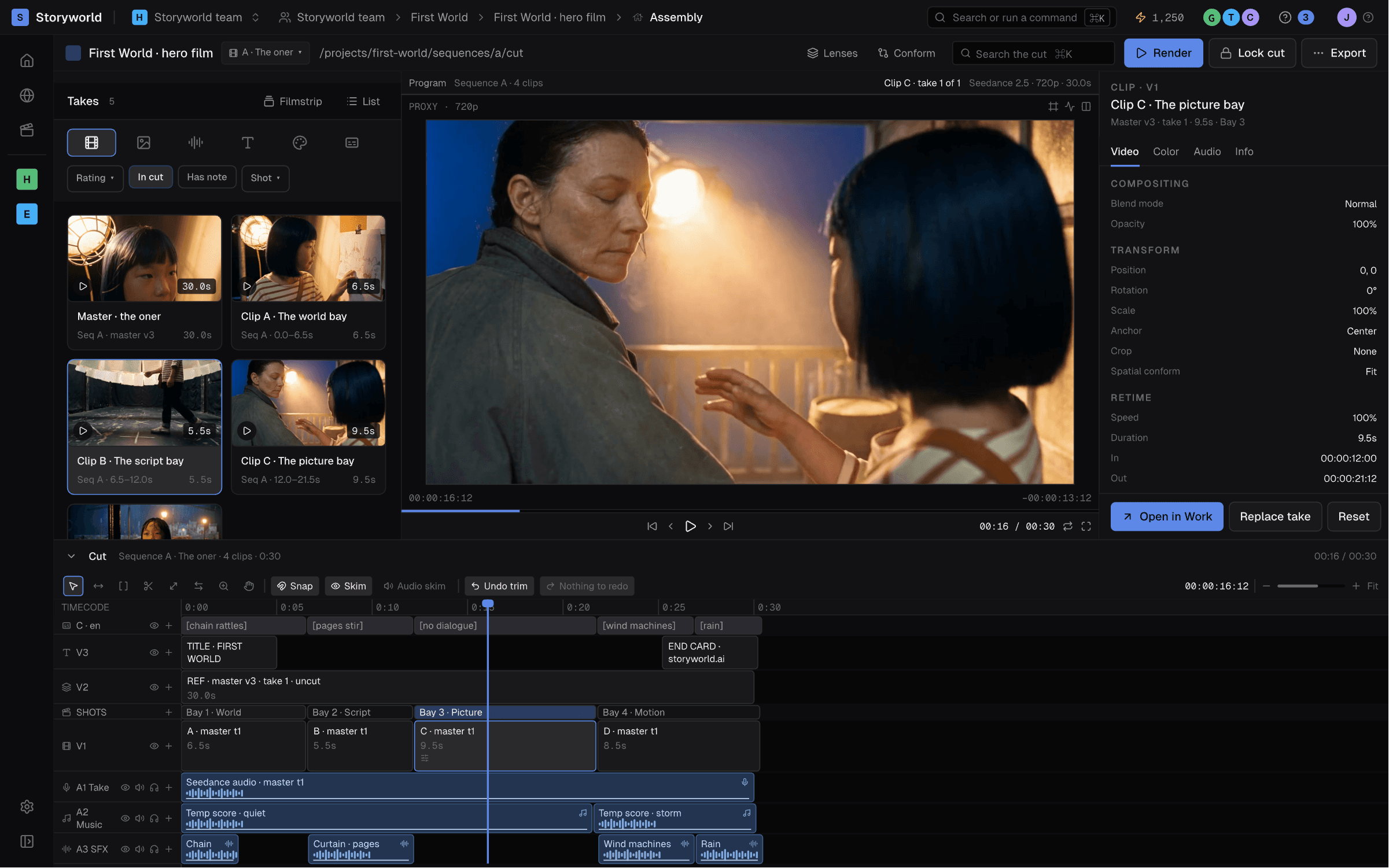 Storyworld assembly of the First World hero film: a takes bin of hero-film frames, Nara and Mei on the porch in the program monitor, and a cut timeline with the four bays as shots, captions, temp score and effects lanes