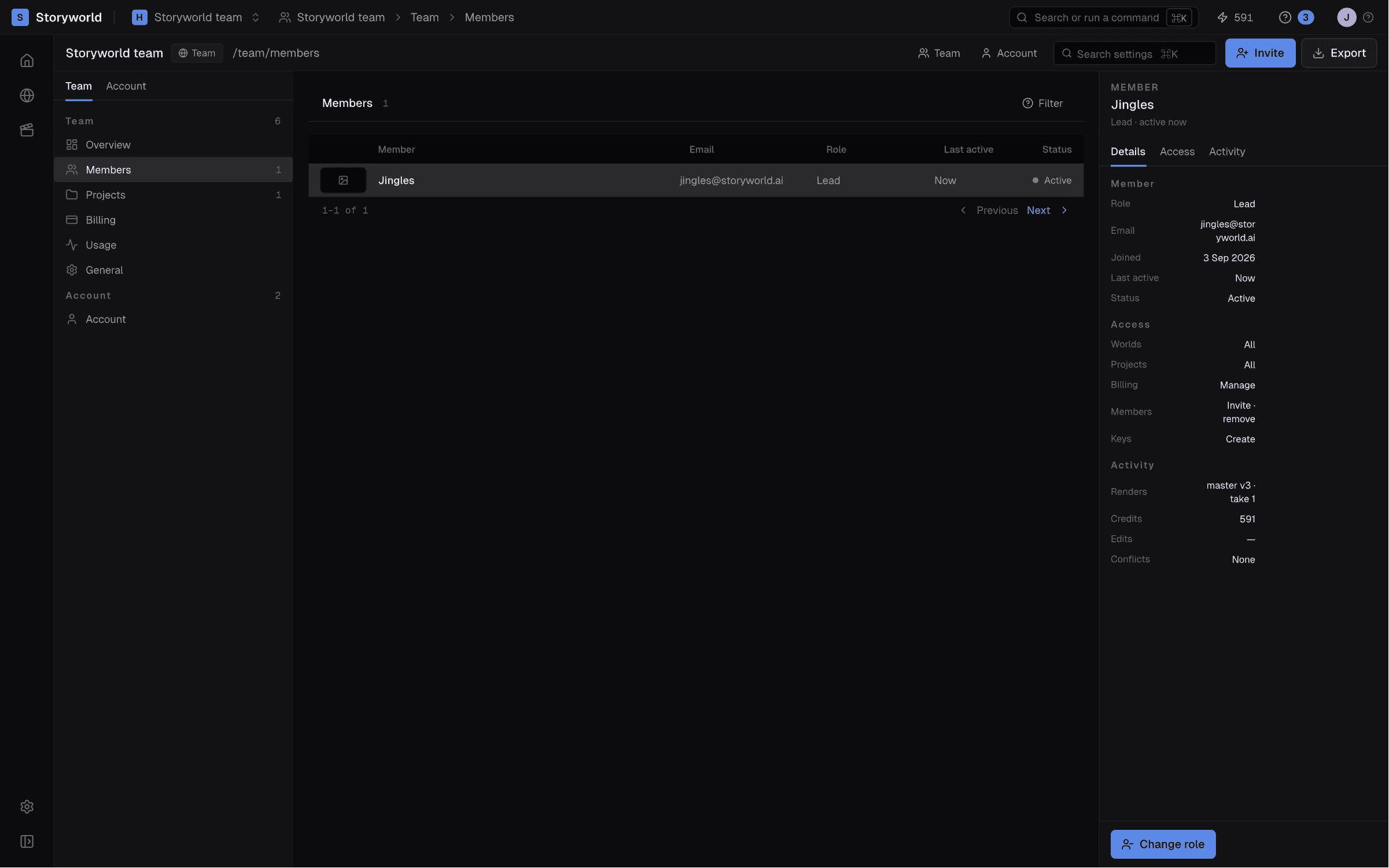 Storyworld Team Members screen for a one-person team: one member, Jingles, listed as lead with an Invite button in the header, and the member's role, access and activity open in the inspector