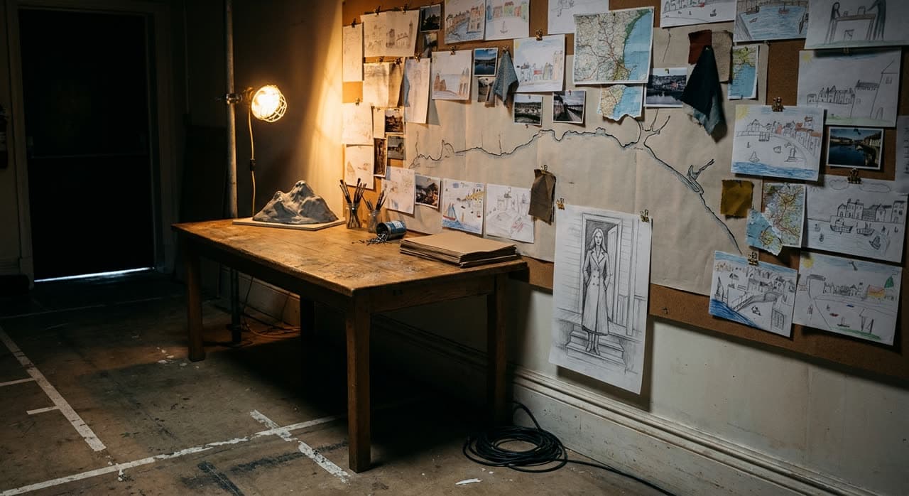 Location plate: a scarred oak art table under a worklight, maps and drawings pinned across the wall behind it