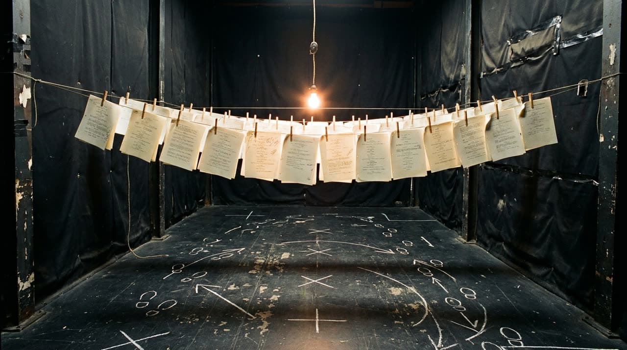 Location plate: script pages pegged along a wire under a bare bulb, chalk marks on a black stage floor