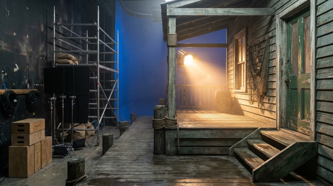 Location plate: a weathered wooden porch set with a green door, scaffolding and a blue backdrop behind it