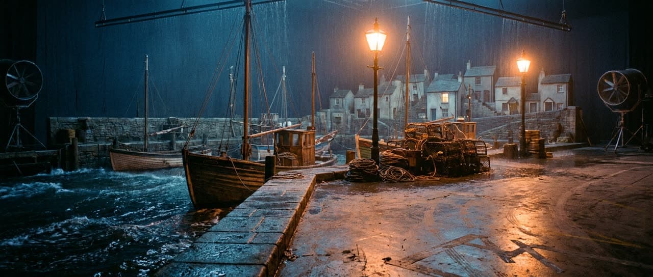 Location plate: a stone quay at night in rain, moored boats and gas lamps against a harbour town