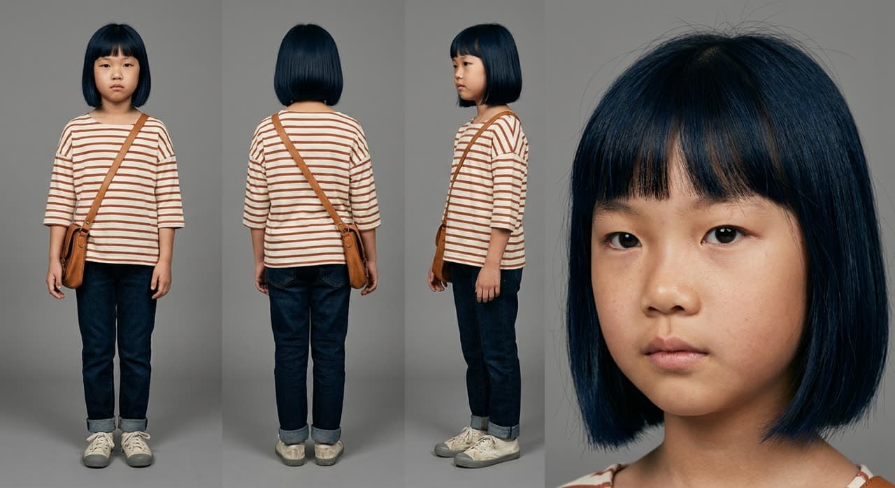 Character sheet for Mei, a nine-year-old girl in a striped top and satchel: front, back and side turnaround with a close portrait